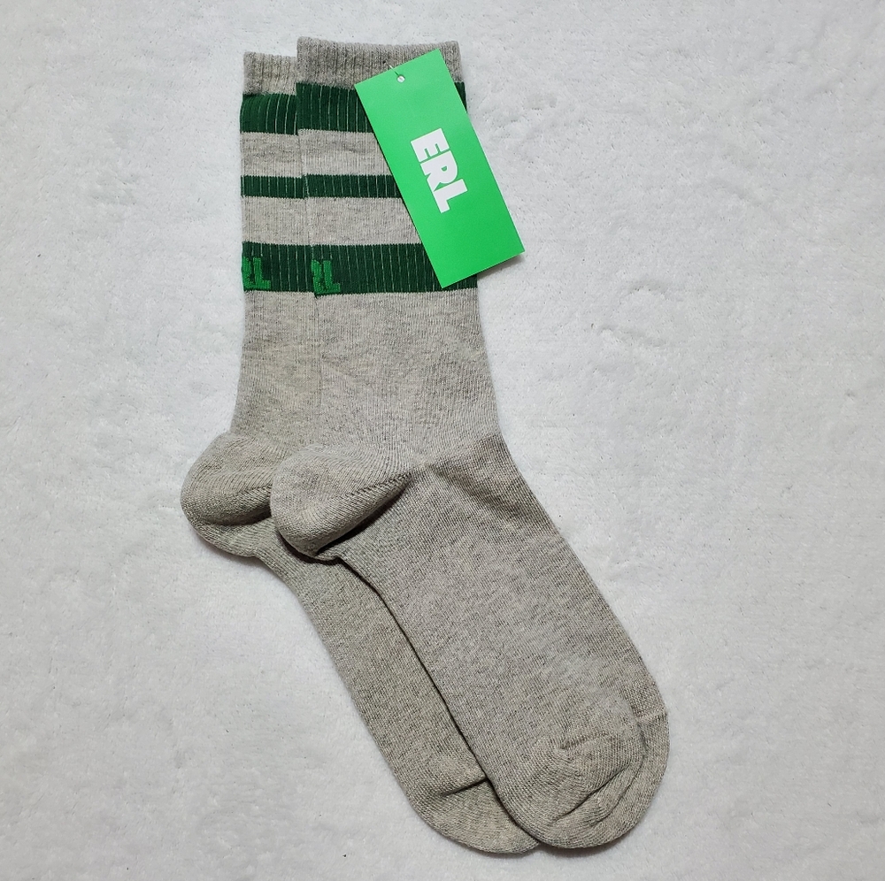 NWT Unisex ERL Logo Crew Gray and Green Striped Socks Sz L